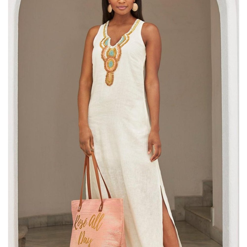 Boston Proper Sleeveless 100% Linen Off-White Beaded Embellished Maxi XS NWT - Picture 5 of 8
